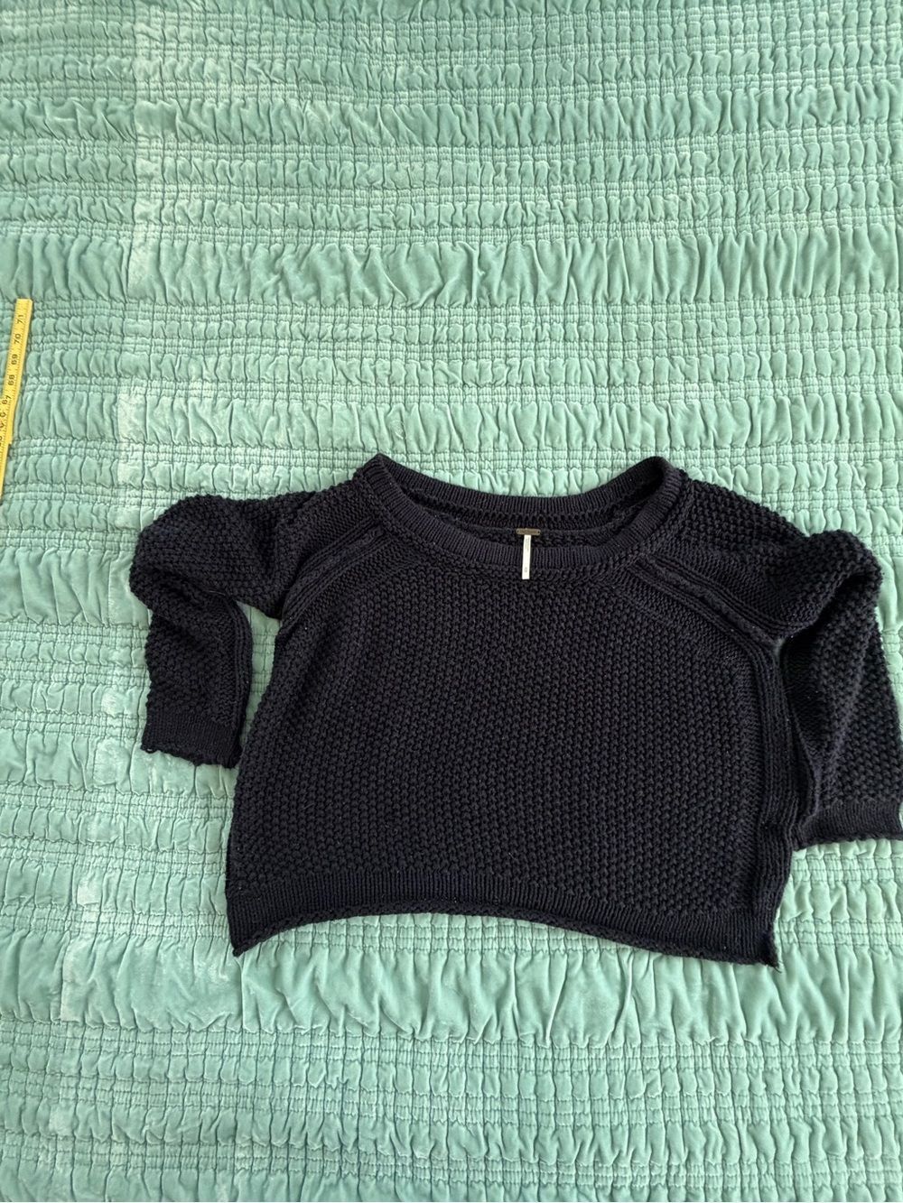 Free People Navy Blue Cropped Crew Neck Knit Sweater